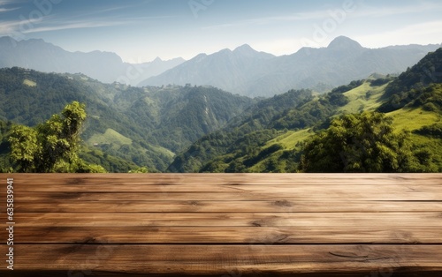 table background of free space for your decoration and blurred landscape of mountains.Blue sky with sun light and green small leaves. Created with Generative AI technology.