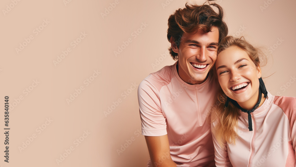 Young couple in love wearing cycling jersey Young couple in love wearing cycling jersey