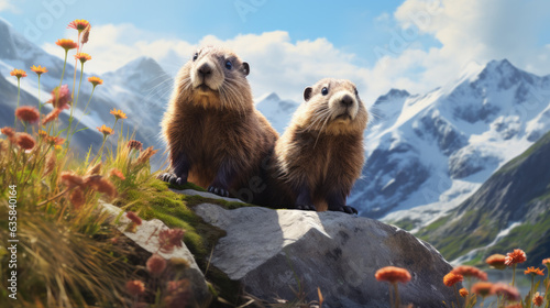 two cute brown marmots in the alps.