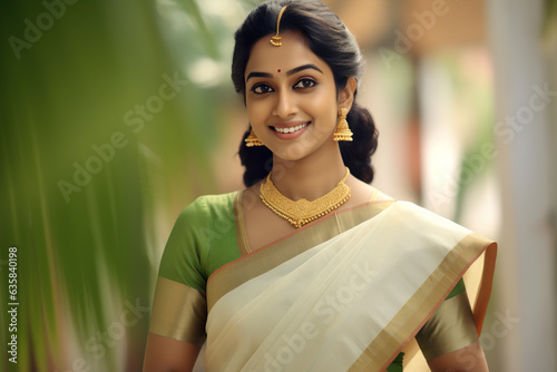 Happy smiling female of Indian ethnicity wearing traditional Kerala style sari and jewellery in the outdoor	 photo