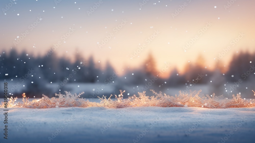 Fototapeta premium Frozen winter forest with snow covered trees. Forest out of focus. Blurred light. Dry grass in the snow. Winter background.