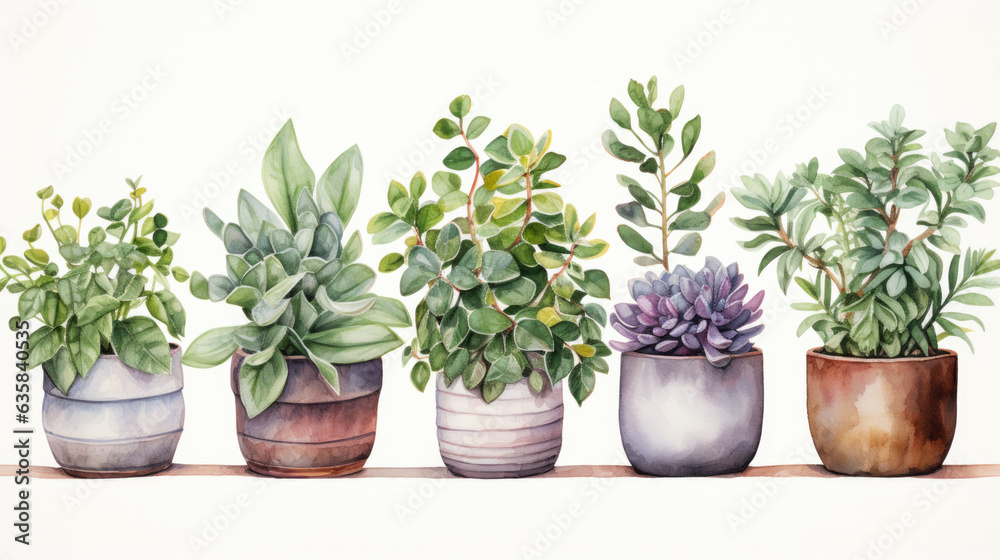 illustration of small plants in flowerpots isolated on white background.