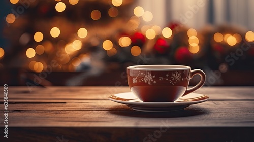 Cup of coffee on wooden table in front of Christmas tree. Space for text. Christmas background. Bokeh lights.