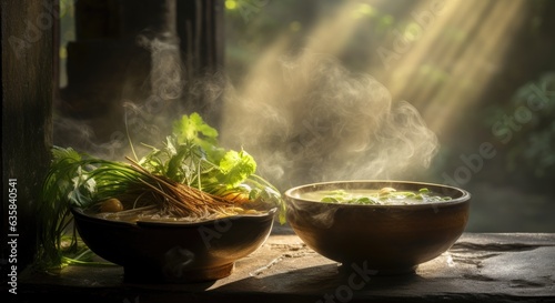 Thai spicy soup with herbs in clay bowl on wooden table.