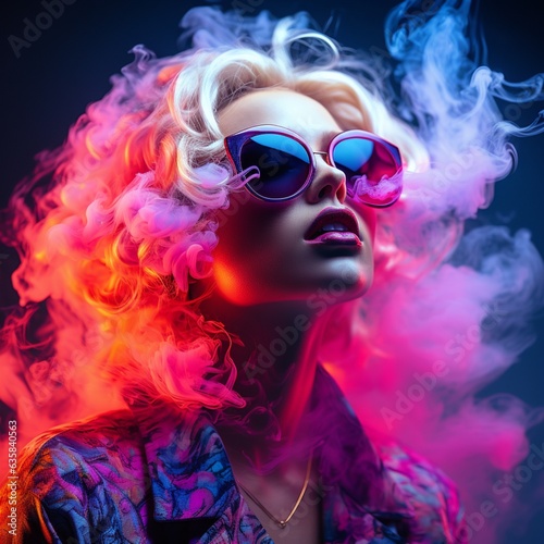 A beautiful blonde model wearing pink sunglasses, with smoke and neon lights around her hair. Surreal timeless smoking beauty concept. Generative AI