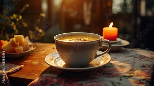 Cup with porridge on the wooden table. Dry fruits and burning candle on the table. Christmas breakfast.