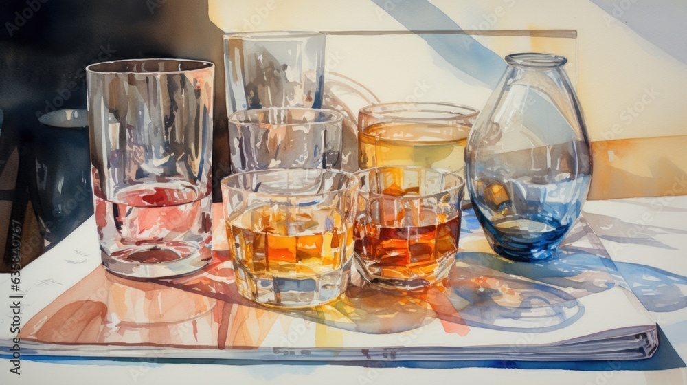 Colorful drinks in glasses on a white background. Watercolor style painting Colorful drinks in glasses on a white background. Watercolor style painting