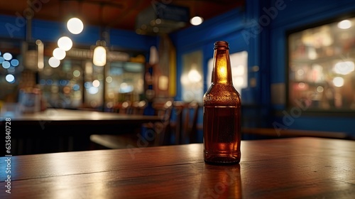 bottle of beer on a table in a pub, shallow depth of field