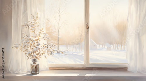 White vase with dry flowers on the windowsill in winter. View through the window. Winter season. Morning lighting.
