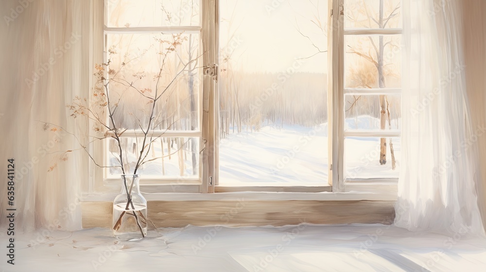 Fototapeta premium White vase with dry flowers on the windowsill in winter. View through the window. Winter season. Morning lighting.