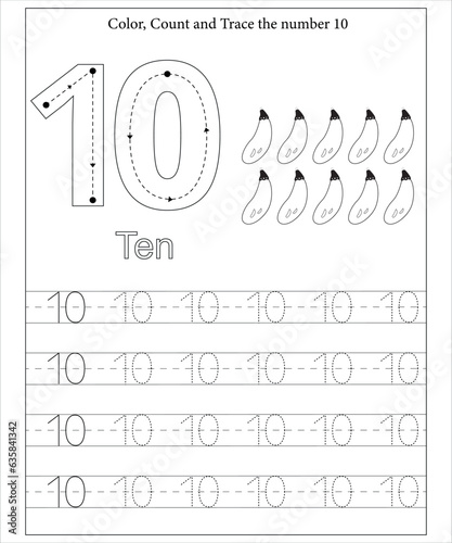 A simple preschool worksheet for children to trace the number ten and count items to learn.