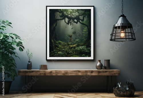 Elegant living room interior with design furnitures, mock up frame poster, plants, and personal accessories. Home decor. Interior design. Template. 