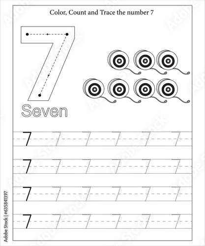 An engaging educational activity sheet for children to learn number seven tracing counting.