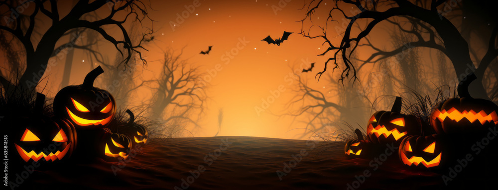 Orange Halloween background with pumpkin spider and bats. Generative AI. Orange Halloween background with pumpkin spider and bats. Generative AI.