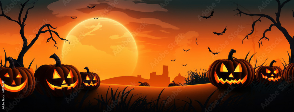 Orange Halloween background with pumpkin spider and bats. Generative AI.