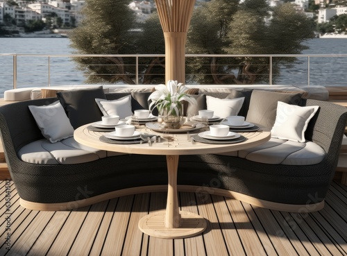 romantic lunch on motor yacht at sunset, Table setting at a luxury yacht. Created with Generative AI technology.