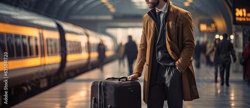a businessman with a suitcase in a train station is waiting for his train.