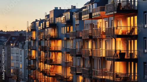 a modern big house with many apartments at night. in some of the rooms the light is on. housing shortage.