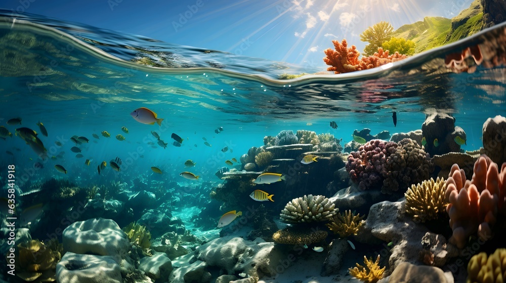 Underwater view of coral reef and tropical fish in blue ocean - obrazy, fototapety, plakaty 