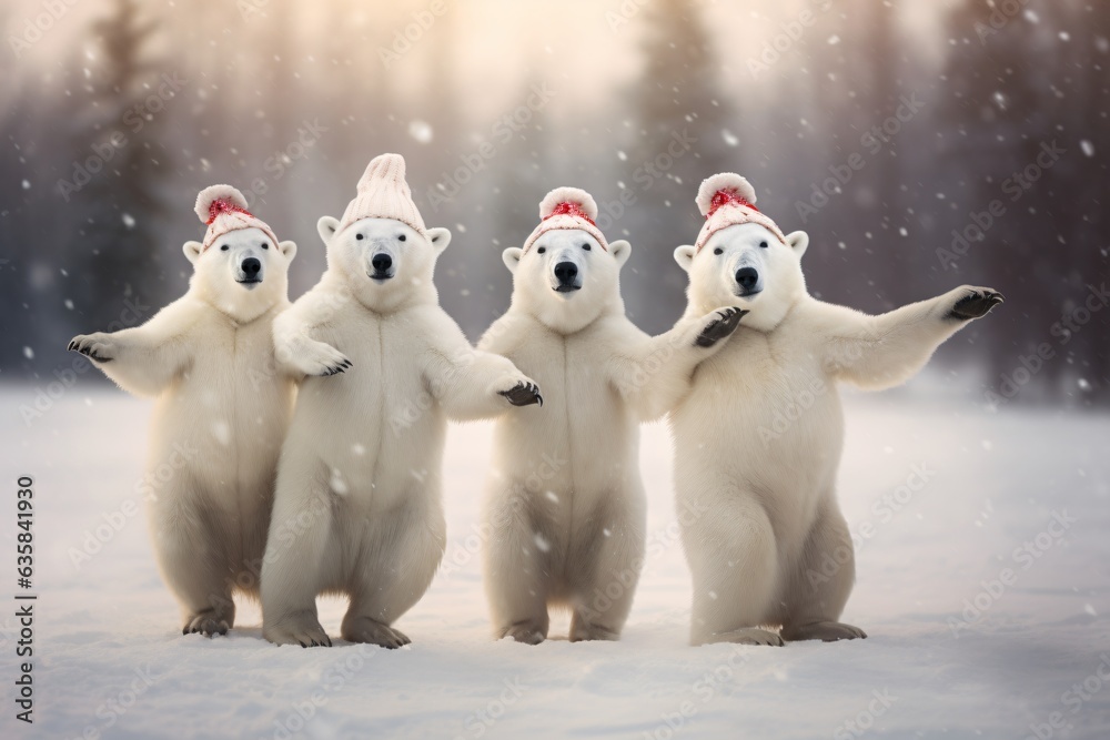 A group of adorable happy polar bears dressed in knitted scarves and hats, funny winter illustration, Generative AI A group of adorable happy polar bears dressed in knitted scarves and hats, funny winter illustration, Generative AI