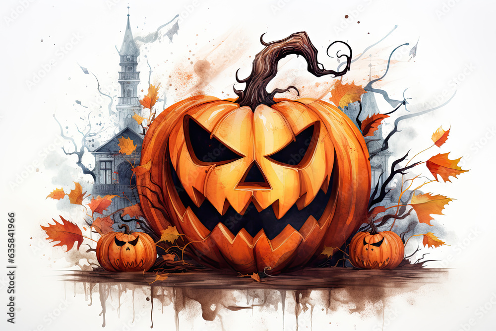 Halloween pumpkin painted with watercolors. Jack of the Lantern. White background. Halloween pumpkin painted with watercolors. Jack of the Lantern. White background.