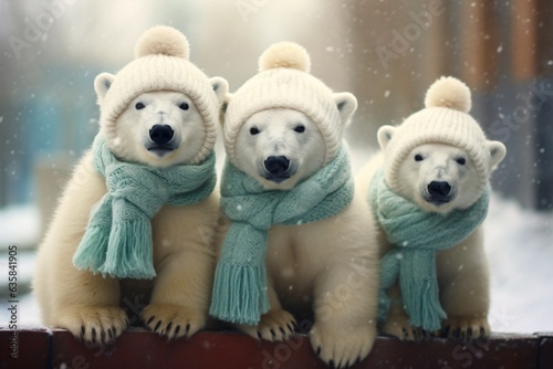 A group of adorable happy polar bears dressed in knitted scarves and hats, funny winter illustration, Generative AI © Andrii Fanta