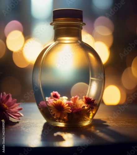 Aromatherapy oil in glass bottle with flower and bokeh backgroundb Generative Ai  photo