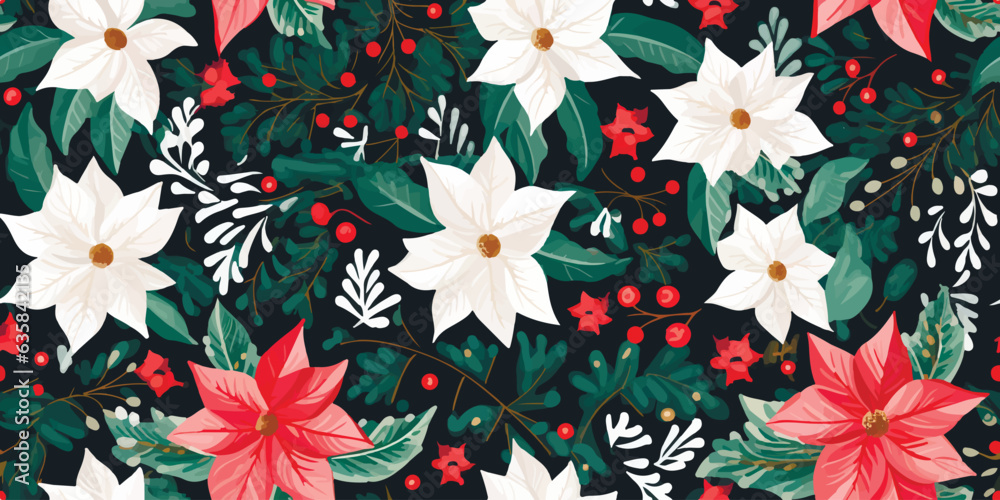 Botanical Christmas seamless pattern, wallpaper, winter design with holly leaves, poinsettia, pine tree, seasonal plants Botanical Christmas seamless pattern, wallpaper, winter design with holly leaves, poinsettia, pine tree, seasonal plants