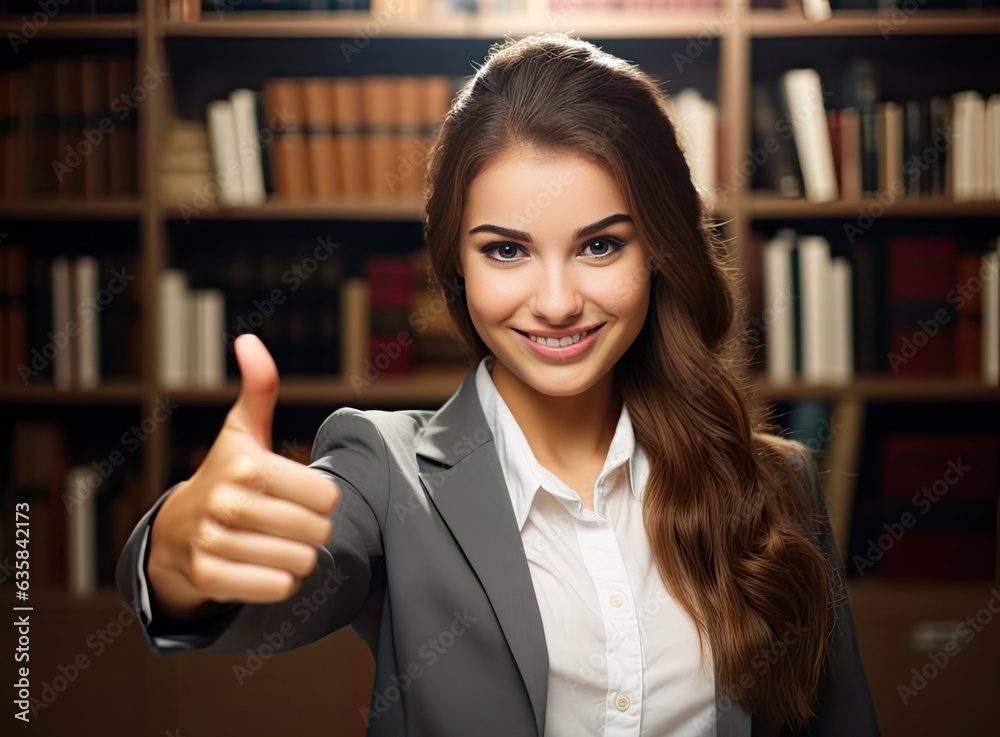 Attractive student girl standing in library showing thumbs up, enjoy interesting effective studies in higher institution. Successful excellent learner. Created with Generative AI technology.