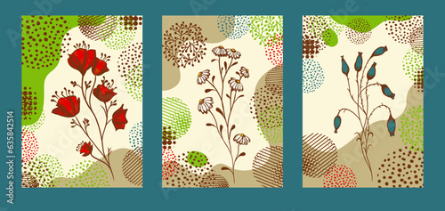 Set of abstract backgrounds in creative trendy style. Modern flat style vertical illustrations , poster for interior design, social media, postcards, botanic print. Paintings with flowers. Vector