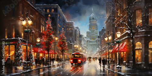 Cozy Christmas City in Winter Night Time with Town Buildings and Street Warm Lights 