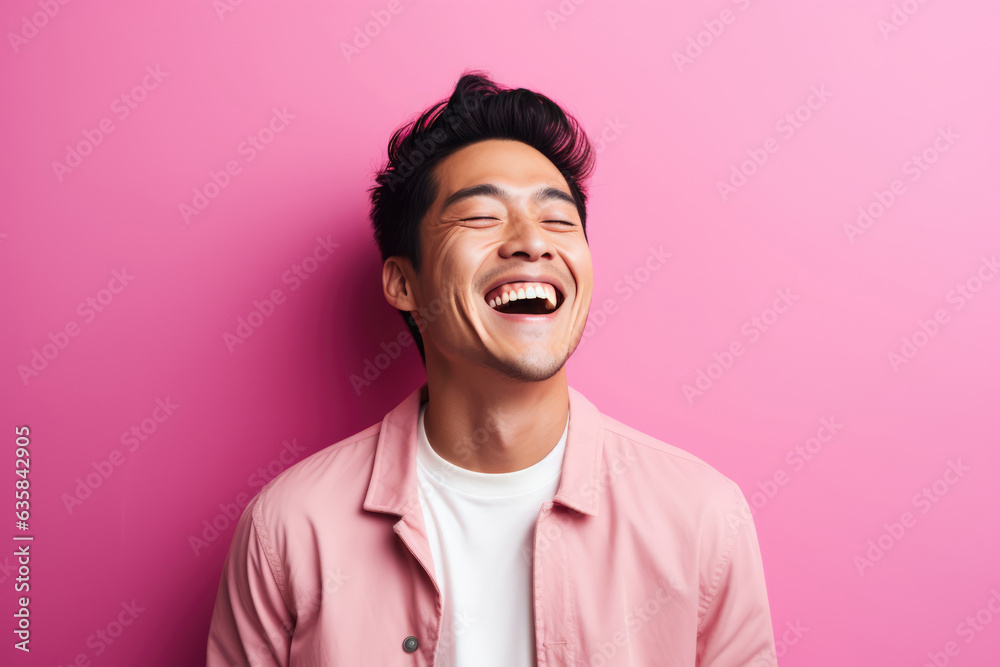 Happy Chinese Man On Pink Background Happy Chinese Man On Pink Background