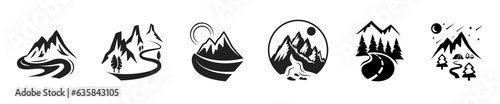 Mountain icons set, rivers, lakes, nature landscape, hills, forest, wood, trees, icon or logo