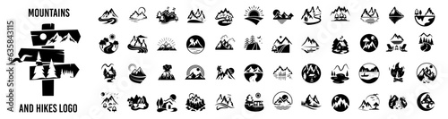 Fotografie, Tablou Mountain icons set, rivers, lakes, nature landscape, hills, forest, wood, trees,