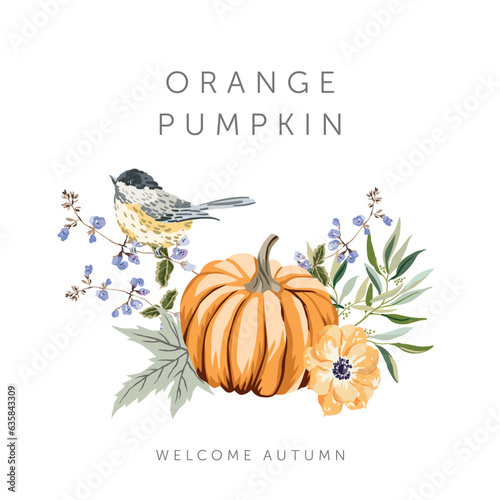 Autumn design template print. Orange pumpkin, maple leaf, flowers, small chickadee bird, white background. Vector illustration. October harvest background. Fall season