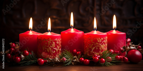 Advent wreath with all four candles lit up with  Christmas tree fairy lights. Festive Advent Wreath and Christmas Tree Lights