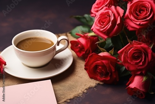 Bouquet of red roses with greeting card and cup of tea on wooden table, close up. Valentine's Day celebration