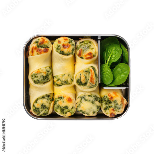 Spinach and cheese rolls in a lunchbox top view isolated on transparent background. Generative AI