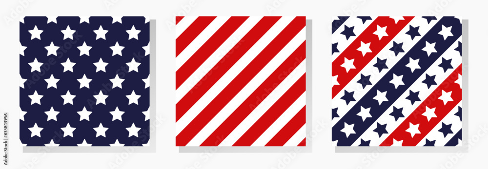 American vector seamless patterns collection. Classic stars and stripes ornaments in blue, red and white colors. Best for textile, festive decorations, wallpapers, wrapping paper and your design. American vector seamless patterns collection. Classic stars and stripes ornaments in blue, red and white colors. Best for textile, festive decorations, wallpapers, wrapping paper and your design.