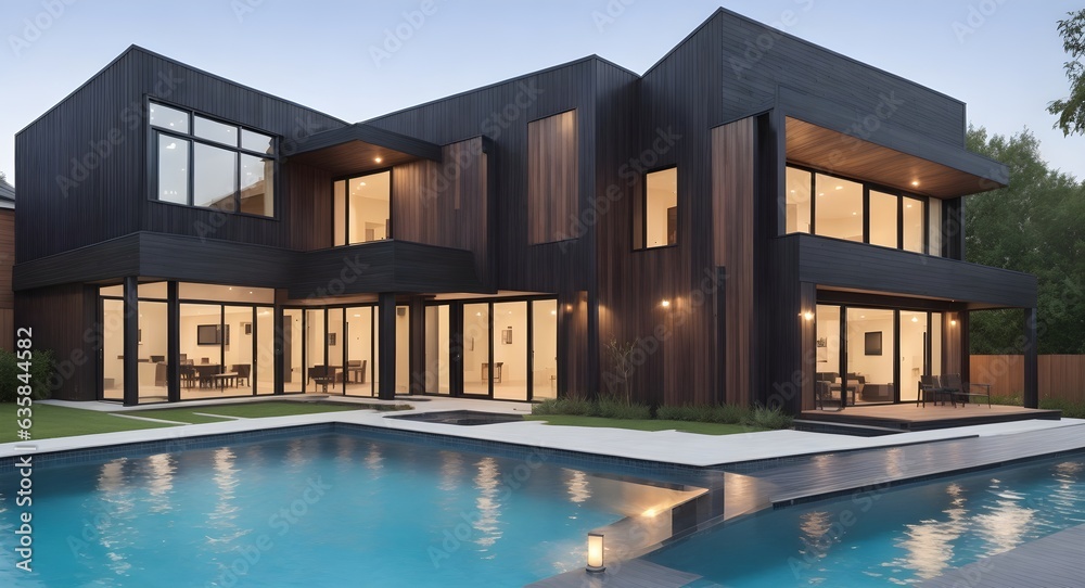 Luxurious Retreat: Exterior View of a Modern Black Wooden Villa with Pool and Stylish Design