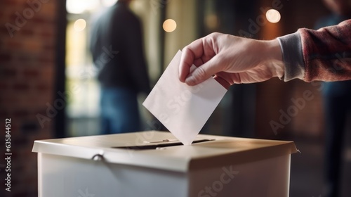 hand putting letter in ballot box with blur people background 