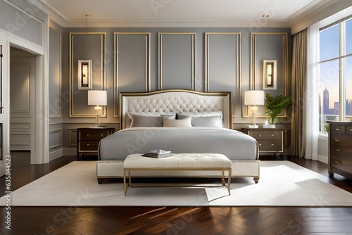 modern living bedroom interior furnished with two nightstands topped with stone and brass lamps