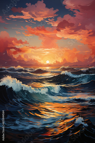 A painting of a sunset over the ocean. AI generative © SANGHYUN