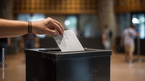hand putting letter in ballot box with blur people background 