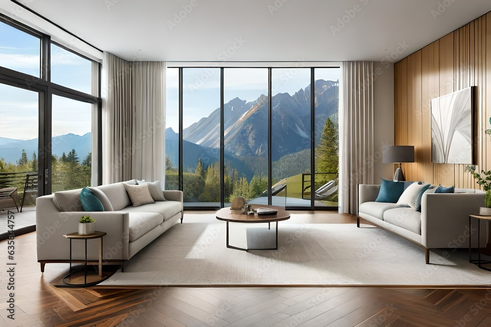 Fototapeta premium Living Room in Open Concept New Luxury Home with View of out side