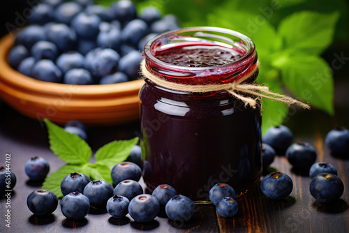 a jar of blueberry jam on background