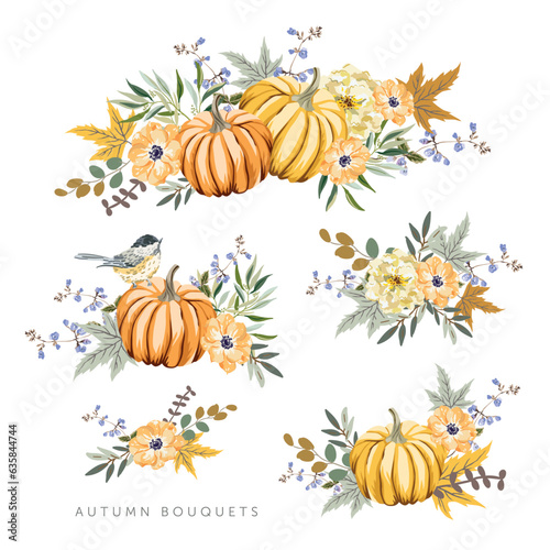 Autumn arrangements with orange, yellow pumpkins, flowers, bird, maple leaves, white background. Vector illustration. October harvest. Vegetable garden food. Nature design. Fall season elements