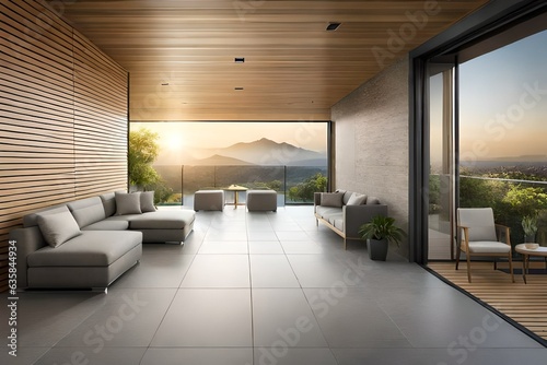 modern living room with furniture  glass window   mountain view