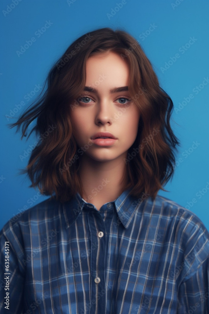 Portrait of young woman with a wavy hair in a plaid shirt on a blue background Portrait of young woman with a wavy hair in a plaid shirt on a blue background
