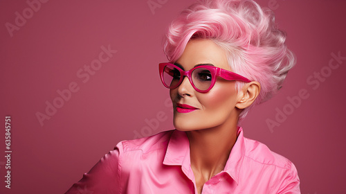 Senior fashion and trends. Stylish modern fashionable trendy senior older woman with short pink hair wearing pink cloth on pink background, fashion doll, web banner